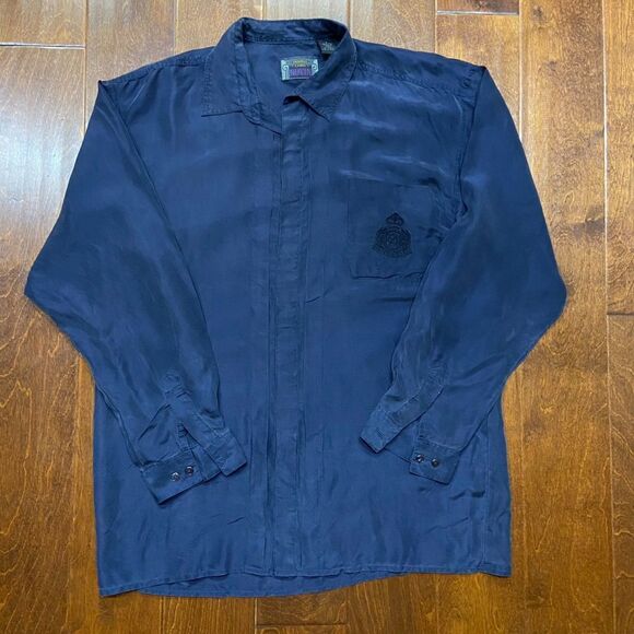 Novin Vintage 90s Navy Blue Hidden Button Front Silk Shirt Men's Size Large - Picture 3 of 9